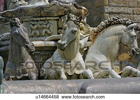 Detail of Fountain of Neptune, Piazza Signoria, Florence, showing 3 marble prancing horses View Large Photo Image Stock Photo - Detail of Fountain of Neptune, Piazza Signoria, Florence, showing 3 marble prancing horses. Fotosearch