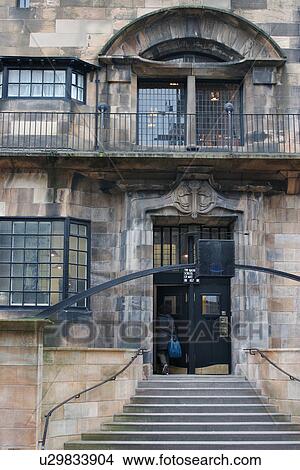 Picture - Exterior view, front entrance of Glasgow School of Art from street, showing stairway and typical architecture and design of Charles Rennie Mackintosh, Glasgow, Scotland. Fotosearch