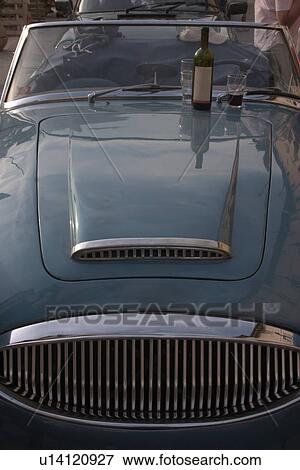 Front view of green Austin Healey, with with wine bottle and glasses on hood View Large Photo Image Stock Photo - Front view of green Austin Healey, with with wine bottle and glasses on hood . Fotosearch