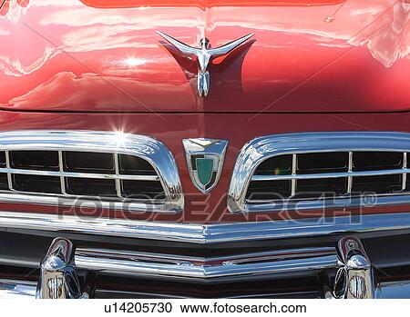 front view of old red Chrysler, detail of front hood and grille, with silver chrome trim, logo removed View Large Photo Image Stock Image - front view of old red Chrysler, detail of front hood and grille, with silver chrome trim, logo removed. Fotosearch