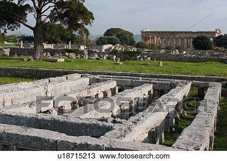 Greek Temples in Campania, Italy: Ruin of Roman swimming pool with labyrinth, with Temple of Neptune (Poseidon) aka Temple of Hera II View Large Photo Image Stock Image - Greek Temples in Campania, Italy: Ruin of Roman swimming pool with labyrinth, with Temple of Neptune (Poseidon) aka Temple of Hera II. Fotosearch