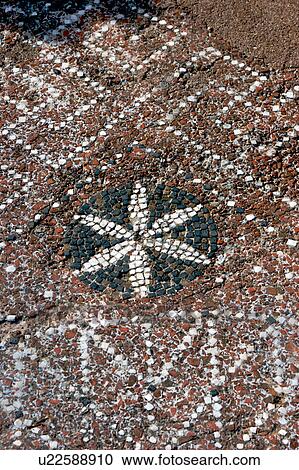 Stock Image - Greek Temples in Campania, Italy: Mosaic floor in Roman house. Fotosearch
