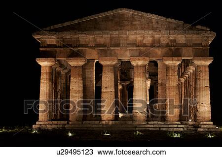 Greek Temples in Campania, Italy: Temple of Neptune (Poseidon) aka Temple of Hera II, night view of front with illumination, front facade View Large Photo Image Stock Image - Greek Temples in Campania, Italy: Temple of Neptune (Poseidon) aka Temple of Hera II, night view of front with illumination, front facade. Fotosearch