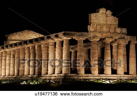Greek Temples in Campania, Italy: Temple Ceres aka Temple of Athena, night view with illumination, front facade View Large Photo Image Stock Photograph - Greek Temples in Campania, Italy: Temple Ceres aka Temple of Athena, night view with illumination, front facade. Fotosearch