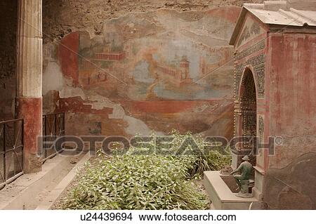 House of the Small Fountain with fresco on walls and lararium with mosaic decoration, small bronze statue View Large Photo Image Picture - House of the Small Fountain with fresco on walls and lararium with mosaic decoration, small bronze statue. Fotosearch