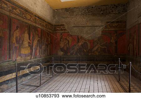 Stock Image - In the shadow of Vesuvius, the ruins of Pompei - Villa of the Mysteries. Fotosearch