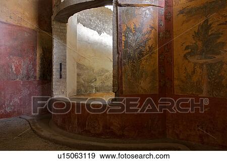 Stock Photo - In the shadow of Vesuvius, the ruins of the Imperial Villa of Oplontis - detail of frescoes in guest rooms with architectural detail of curved window frame. Fotosearch