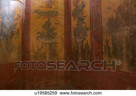Stock Photo - In the shadow of Vesuvius, the ruins of the Imperial Villa of Oplontis - detail of frescoes in guest rooms. Fotosearch