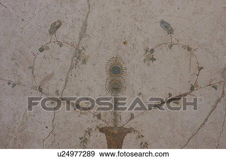 Stock Photo - In the shadow of Vesuvius, the ruins of the Imperial Villa of Oplontis - detail of frescoes beside swimming pool. Fotosearch
