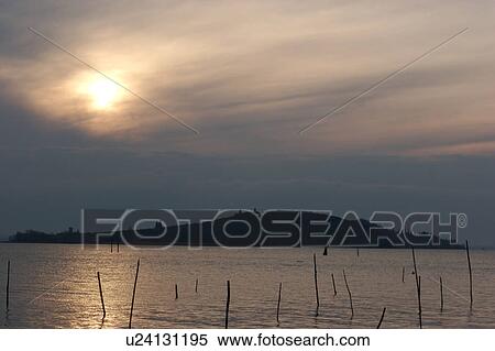 Stock Photography - Lake Trasimeno view of island at sunset, with poles silhouetted in calm water, and gentle pink and gray sky. Fotosearch