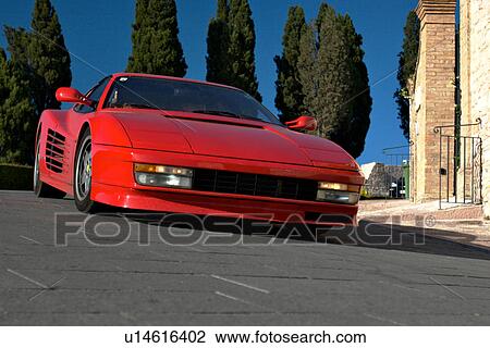 Low front-side view of red Ferrari on road in Assisi, at Mille Miglia, with blue sky and cypress trees in background View Large Photo Image Stock Image - Low front-side view of red Ferrari on road in Assisi, at Mille Miglia, with blue sky and cypress trees in background. Fotosearch
