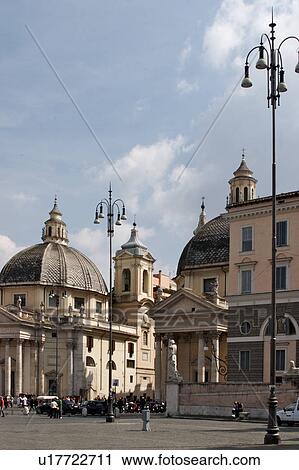 Piazza del Popolo, Santa Maria di Montesanto and Santa Maria dei Miracoli churches View Large Photo Image Stock Image - Piazza del Popolo, Santa Maria di Montesanto and Santa Maria dei Miracoli churches . Fotosearch