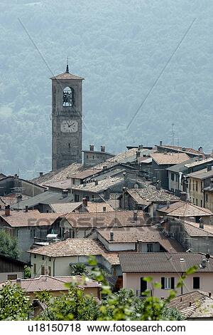 Porlezza, rooftop view showing bell tower of church View Large Photo Image Stock Photo - Porlezza, rooftop view showing bell tower of church. Fotosearch