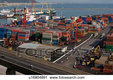 Port entry road, sea going shipping containers, and harbour, Salerno harbour, Italy View Large Photo Image Stock Image - Port entry road, sea going shipping containers, and harbour, Salerno harbour, Italy. Fotosearch