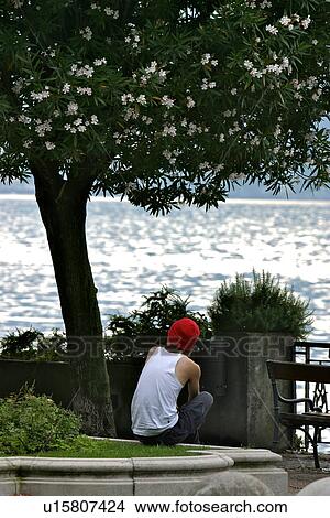 Picture - Rear view of young man in white T-shirt and red hat, sitting on low wall beside flowering tree, gazing over shimmering water of Lake Como Italy, in evening sunlight. Fotosearch