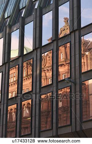 Reflection of St. George's church, Buchanan Street, Glasgow in modern glass-fronted building View Large Photo Image Stock Photo - Reflection of St. George's church, Buchanan Street, Glasgow in modern glass-fronted building. Fotosearch