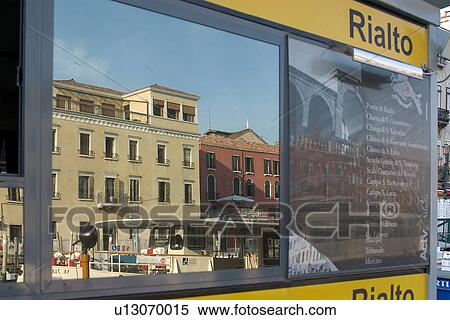 Rialto bus stop, with reflection of palaces and Rialto bridge in window View Large Photo Image Stock Photography - Rialto bus stop, with reflection of palaces and Rialto bridge in window. Fotosearch