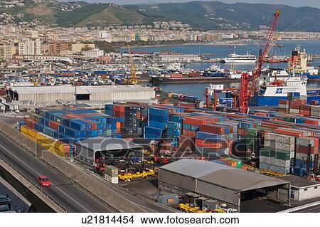 Picture - Sea going shipping containers, and harbour, Salerno harbour, Italy. Fotosearch