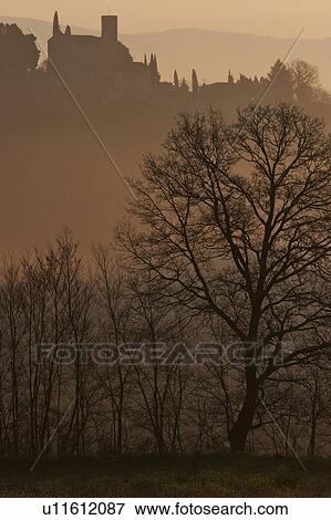 silhouette of medieval village in early morning winter mist, Tiber Valley, with bare trees in foreground View Large Photo Image Stock Photo - silhouette of medieval village in early morning winter mist, Tiber Valley, with bare trees in foreground. Fotosearch