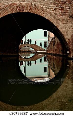 View of 17th century Trepponte bridge, Comacchio, on winter afternoon, showing pavement alongside canals, arches spanning the water, towers, and reflections of pedestrians crossing View Large Photo Image Stock Photo - View of 17th century Trepponte bridge, Comacchio, on winter afternoon, showing pavement alongside canals, arches spanning the water, towers, and reflections of pedestrians crossing. Fotosearch