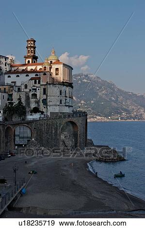 Stock Photo - View of Atrani skyline, showing Santa Maria Maddalena church with glazed majolica tile roof. Fotosearch