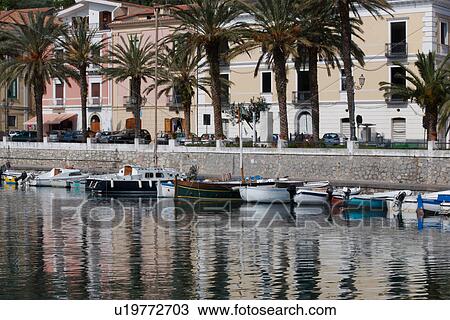 View of Scario harbour with small fishing boats moored, town of Scario main street with row of palm trees, on sunny, summer morning View Large Photo Image Stock Image - View of Scario harbour with small fishing boats moored, town of Scario main street with row of palm trees, on sunny, summer morning. Fotosearch