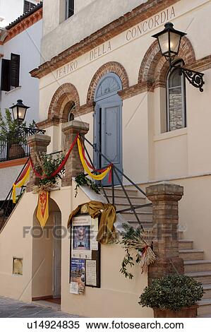 Stock Photography - view of Teatro della Concordia, the smallest theatre in the world, in historic centre of MonteCastello di Vibio, Umbria, Italy. Fotosearch