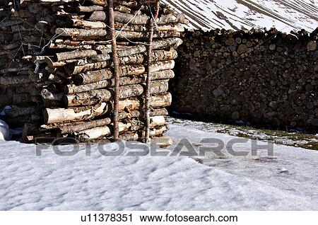 Stock Image - Wood stored for the winter in meadow of Piano Grande, Umbria, with snow in background on mountain slopes. Fotosearch