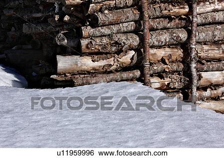 Stock Photograph - Wood stored for the winter in meadow of Piano Grande, Umbria, with snow in foreground. Fotosearch