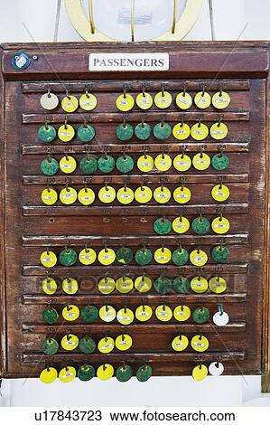 Stock Image - Close-up of tokens hanging on a pegboard. Fotosearch