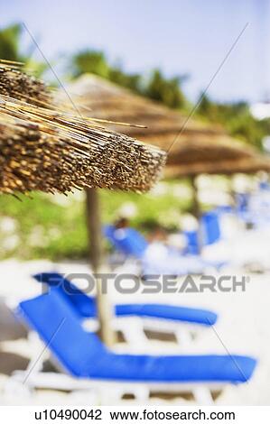 Stock Image - Lounge chairs and palapas on the beach. Fotosearch