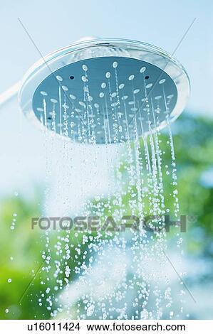 Picture - Water flowing out of a shower head. Fotosearch