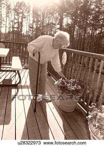 Stock Image - An elderly woman checks on her flowers.. Fotosearch