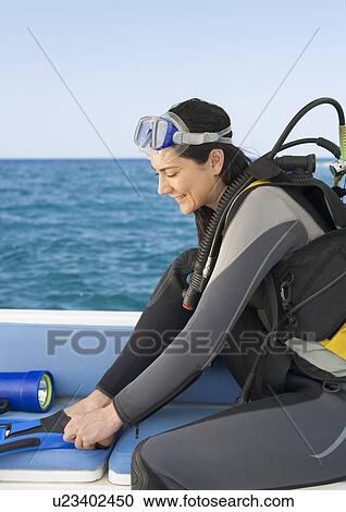 A woman about to go scuba diving View Large Photo Image Stock Image - A woman about to go scuba diving. Fotosearch