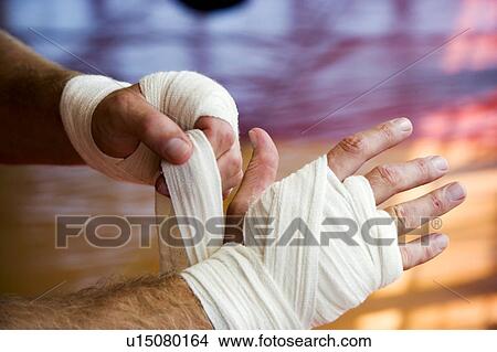 Picture - Boxer binding up hands with padding bandages. Fotosearch