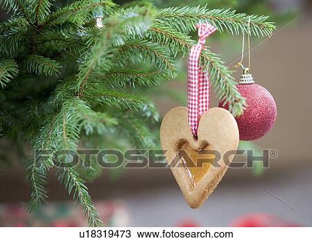 Stock Image - Christmas decorations hanging on a tree. Fotosearch