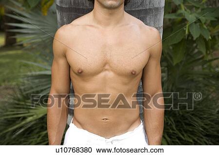 Stock Image - Close up shot of a muscular man's chest and arms.. Fotosearch
