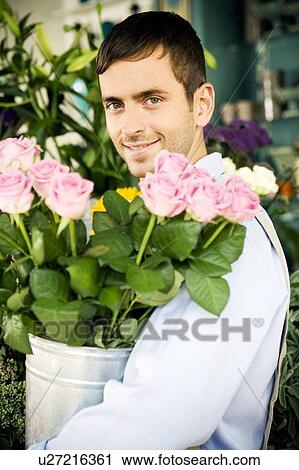 Male florist in his shop, holding a pot of pink roses View Large Photo Image Stock Image - Male florist in his shop, holding a pot of pink roses. Fotosearch