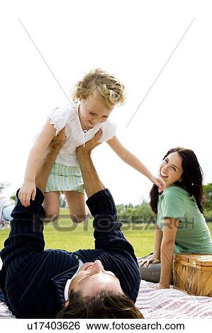 Stock Photograph - Parents with daughter on picnic rug. Fotosearch