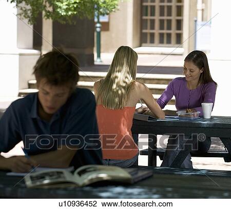 Three university students working outside View Large Photo Image Stock Image - Three university students working outside. Fotosearch
