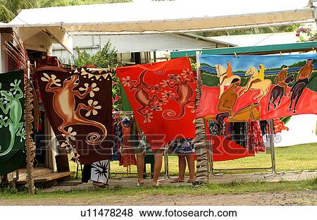 Bright Colored Folk Paintings Hung To Dry Moorea Tahiti French Bright Colored Folk Paintings Hung To