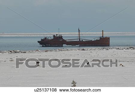 Stock Photo - Churchill Northern Manitoba town and surroundings Ship on water. Fotosearch