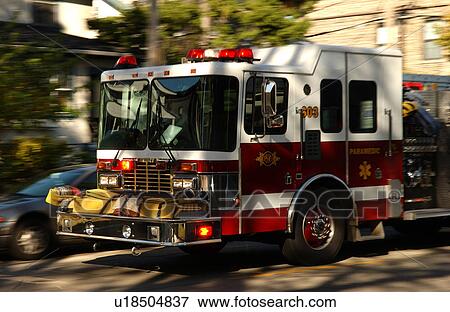 Stock Photo - Fire brigade truck in Oak Park in Chicago. Fotosearch