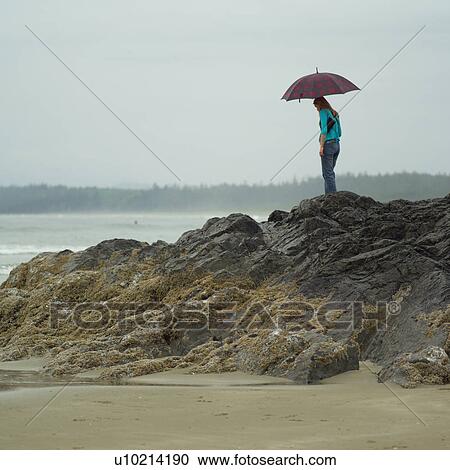 Stock Image - Person standing on rocks at the seashore, Wickaninnish Beach Trail, Vancouver Island, Canada. Fotosearch
