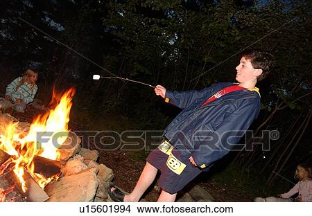 Portrait of a young boy toasting a marshmallow on a stick View Large Photo Image Picture - Portrait of a young boy toasting a marshmallow on a stick. Fotosearch