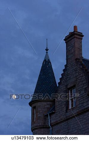 detail of Glengorm castle profiled against dappled twilight sky at moon rise View Large Photo Image Stock Image - detail of Glengorm castle profiled against dappled twilight sky at moon rise. Fotosearch