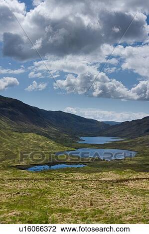 Stock Image - View of three lochs near Glen More, Isle of mull, Scotland on sunny spring morning, blue sky and fabulous clouds. Fotosearch