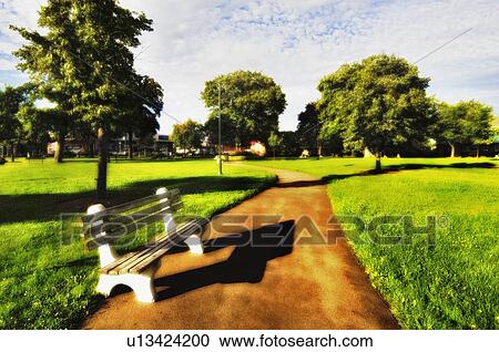 Stock Image - Bench in city park, Moncton, New Brunswick. Fotosearch