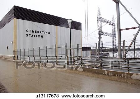 Stock Photo - Hydro generating station electricity plant, Cross Lake, Manitoba, Canada. Fotosearch