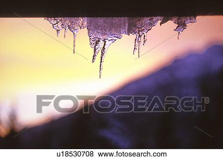 Stock Photo - Icicles catch the last sun on a winter day. Fotosearch